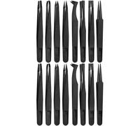 MMOBIEL Juego de 16 pinzas de precisión de plástico antiestático, pinzas con punta plana puntiaguda/puntas curvas, pinzas para electrónica, joyería, trabajos de laboratorio, color negro