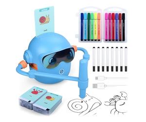MMOBIEL Robot de Dibujo para Niños Juguete Educativo Interactivo con 100 Tarjetas, 12 Rotuladores de Colores, Guía por Voz y Batería USB-C - Regalo Creativo para 3-9 Años - Azul