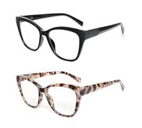 MMOWW 2 Gafas de Lectura para mujeres y hombres Anti Luz Azul con bisagra de resorte Anteojos Elegante Montura Ojo de Gato +3.5