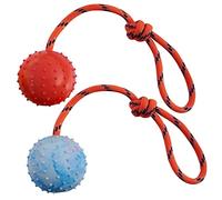 MMSGA 2 Pcs Pelota Con Cuerda Para Perros y Gatos, Bola Interactiva, Hueca de Caucho Para Lanzar y Arrastrar, No Apto Para Fuerte Masticación (L, Blanco + Rojo)