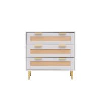 MMT - Cómoda con cajones frontales de ratán, 3 cajones de almacenamiento, acabado blanco/natural, asas doradas y patas de acero, 80 cm de largo x 77 cm de alto, elegante cómoda para dormitorio