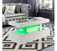 MMT Furniture Designs Ltd Mesa de café blanca con luces LED para sala de estar moderna, diseño de dos estantes, 100 cm x 50 cm x 39 cm, funciona con pilas