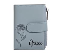 MMXX Carteras de Mujer Personalizadas de Cuero con Flor de Nacimiento y Nombre, Cartera Mujer Pequeña con Muñequera, Monedero con Cremallera, Regalos para Mamá Novia Cumpleaños - A3: Azul