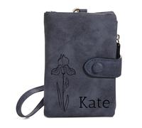 MMXX Carteras de Mujer Personalizadas de Cuero con Flor de Nacimiento y Nombre, Cartera Mujer Pequeña con Muñequera, Monedero con Cremallera, Regalos para Mamá Novia Cumpleaños - A3: Azul