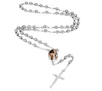 MMXX Collar Rosario Personalizado con Foto Texto para Hombres Mujeres Collar Cruz Católica Cuentas de Oración Católicas Personalizadas Colgante Crucifijo Regalos Religiosos - Plata
