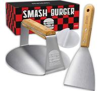 mnam Prensa para Hamburguesas Smash - Acero Inoxidable, Kit Smash Burger con Espátula, Molde Hamburguesas Caseras, Ideal Parrilla y Plancha - Smasher Profesional Mango de Madera