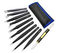 MNBS ESD - Juego de 10 pinzas de precisión antiestáticas de acero inoxidable + palanca de palanca, herramienta de reparación, pinzas para ordenador, reparaciones electrónicas, joyas, trabajo de