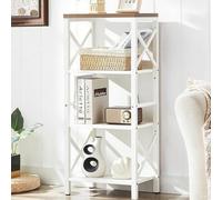 MNEETRUNG Estantería pequeña, estantería industrial de 4 niveles con marco de metal y tablero, estante blanco estrecho para libros para espacios pequeños, sala de estar, dormitorio y oficina en casa