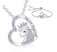 MNFPSJB - Juego de 2 collares de unicornio con colgante de corazón de cristal de plata, pulsera con colgante «You are Magical Box» para nieta y sobrina, talla única, Ver descripción del producto, No