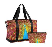 Mnsruu Bolsa de viaje grande para fin de semana, bolsa de viaje con compartimento para zapatos y bolsillo húmedo, pintura digital de un hermoso pavo real que muestra una bolsa de lona para gimnasio