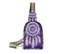 Mnsruu Bolso bandolera de cuero para mujer, pequeño bolso cruzado de viaje, cangurera de pecho con plumas y atrapasueños, color morado, A505, 15 x 5.5 x 21.5 cm