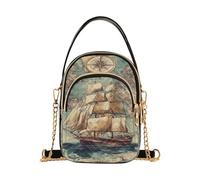 Mnsruu Bolso cruzado vintage con diseño de mapa de vela y brújula de mar, bolso pequeño de cuero para mujer