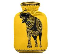 Mnsruu Botella de agua caliente amarilla de mandala de elefante indio con cubierta de terciopelo, bolsa de agua caliente transparente de 2 l para calentador de manos, alivio del dolor, calambres de terapia de frío caliente