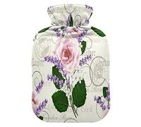 Mnsruu Botella de agua caliente con estampado floral de flores de rosa de lavanda con cubierta de terciopelo, bolsa de agua caliente transparente de 2 l para calentador de manos, alivio del dolor, calambres de terapia de frío caliente
