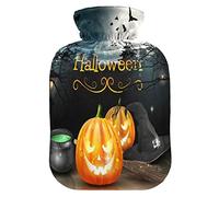 Mnsruu Botella de agua caliente de Halloween Forest Pumpkin Bat Moon con cubierta de terciopelo, bolsa de agua caliente transparente de 2L para calentador de manos, alivio del dolor, calambres de terapia de frío caliente