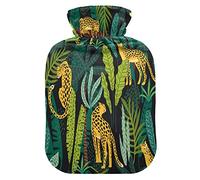 Mnsruu Botella de agua caliente de la selva de hojas de palma de leopardo con cubierta de terciopelo, bolsa de agua caliente transparente de 2 l para calentador de manos, alivio del dolor, calambres de terapia de frío caliente