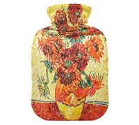 Mnsruu Botella de agua caliente de pintura al óleo de girasol Van Gogh con cubierta de terciopelo, bolsa de agua caliente transparente de 1 l para aliviar el dolor de manos calambres de terapia de frío caliente