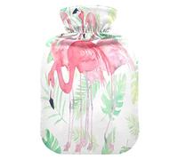 Mnsruu Botella de agua caliente de verano con hojas de palma de flamenco de acuarela con cubierta de terciopelo, bolsa de agua caliente transparente de 2 l para calentador de manos, alivio del dolor, calambres de terapia de frío caliente