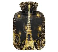 Mnsruu Botella de agua caliente estrellada de la Torre Eiffel de París Francia con cubierta de terciopelo, bolsa de agua caliente transparente de 2 l para calentador de manos, alivio del dolor, calambres de terapia de frío caliente
