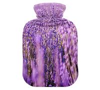 Mnsruu Botella de agua caliente europea púrpura flor de lavanda con cubierta de terciopelo, bolsa de agua caliente transparente de 1 l para aliviar el dolor de manos calambres de terapia de frío caliente