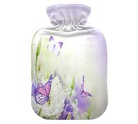 Mnsruu Botella de agua caliente floral púrpura flor de mariposa con cubierta de terciopelo, bolsa de agua caliente transparente de 2L para calentador de manos, alivio del dolor, calambres terapias de frío caliente