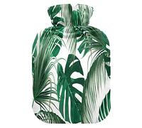 Mnsruu Botella de agua caliente verde selva hojas de palma tropical con cubierta de terciopelo, bolsa de agua caliente transparente de 1 l para aliviar el dolor de manos calambres de terapia de frío caliente