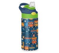 Mnsruu Botella de agua para niños y niñas, con diseño de dibujos animados de tren de ferrocarril con pajilla, aislada de acero inoxidable, 350 ml, a prueba de fugas, termo de agua fría y caliente
