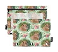 Mnsruu Capybara - Estuche para lápices con patrón de flores y lunares para carpeta de 3 anillos con cremallera, paquete de 2 estuches con ventana transparente para cosméticos para suministros de