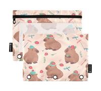 Mnsruu Capybara - Estuche para lápices con patrón de fresa para carpeta de 3 anillos con cremallera, paquete de 2 estuches con ventana transparente para cosméticos para suministros de oficina y