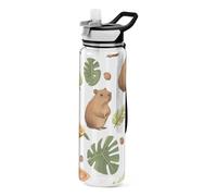 Mnsruu Capybara Little Animal - Botella de agua tropical de 32 onzas con tapa con popote, a prueba de fugas, Tritan sin BPA, botella deportiva transparente con correa de transporte para niños y niñas
