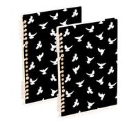 Mnsruu Cuaderno de pájaros blancos sobre negro, A5, encuadernado, para el trabajo, la escuela, escritura, diario, rayado, 120 páginas, 15 x 21 cm, paquete de 2