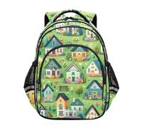 Mnsruu Cute Houses - Mochila con fondo verde para niños y niñas, mochila de viaje para preescolar, jardín de infantes, primaria, A02253, Small