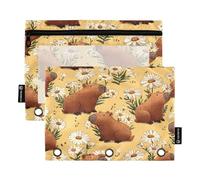 Mnsruu Daisy Brown Capibala - Estuche para lápices de 3 anillos con cremallera, paquete de 2 estuches con ventana transparente para cosméticos, suministros de oficina y universidad, multicolor, Talla