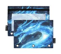 Mnsruu Estuche azul para lápices de dragón que respira fuego para carpeta de 3 anillas, 2 estuches para lápices con cremallera, ventana transparente con cremallera, para suministros escolares y de