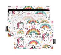 Mnsruu Estuche para lápices con diseño de arcoíris y unicornios para carpeta de 3 anillas, 2 estuches para lápices con cremallera, ventana transparente con cremallera para suministros de oficina