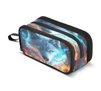 Mnsruu Estuche para lápices con diseño de lobo y rosas de fuego, de gran capacidad, con 3 compartimentos, organizador de almacenamiento escolar para niños y niñas