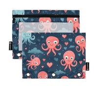 Mnsruu Estuche para lápices con diseño de pulpo de dibujos animados para carpeta de 3 anillas, 2 estuches para lápices con cremallera, ventana transparente con cremallera para suministros de oficina