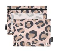 Mnsruu Estuche para lápices con fondo rosa con estampado de leopardo marrón para carpeta de 3 anillos con cremallera, paquete de 2 estuches con ventana transparente para cosméticos para suministros de