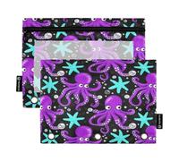 Mnsruu Estuche para lápices con patrón de estrella de mar de pulpo morado para carpeta de 3 anillos con cremallera, paquete de 2 estuches con ventana transparente para cosméticos para suministros de