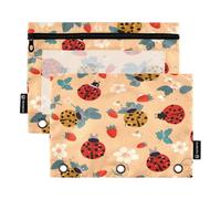 Mnsruu Estuche para lápices con patrón de fresa y tortuga dorada para carpeta de 3 anillos con cremallera, paquete de 2 estuches con ventana transparente para cosméticos para suministros de oficina y