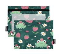 Mnsruu Estuche para lápices con patrón de rana y fresa para carpeta de 3 anillos con cremallera, paquete de 2 estuches con ventana transparente para cosméticos para suministros de oficina y