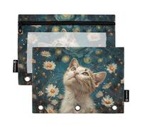 Mnsruu Estuche para lápices para carpeta de 3 anillas, diseño de margaritas de gato, estuche de cosméticos con ventana transparente para oficina, viajes, cosméticos, paquete de 2, Cat Daisy Cielo
