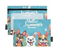 Mnsruu Estuche para lápices para carpeta de 3 anillas, diseño de perro con texto en inglés "Hello Summer", bolsa de cosméticos con cremallera y ventana transparente para oficina, viajes, cosméticos,