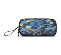 Mnsruu Estuche para lápices Van Gogh con diseño de pulpo azul, bolsa de gran capacidad, 3 compartimentos, para oficina, universidad, escuela, adolescente, estudiante, niña y niño