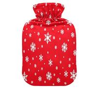 Mnsruu Feliz Navidad Copo de nieve rojo blanco botella de agua caliente con cubierta de terciopelo, bolsa de agua caliente transparente de 2L para calentador de manos, alivio del dolor, calambres terapias de frío caliente