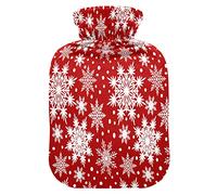 Mnsruu Feliz Navidad rojo copo de nieve blanco botella de agua caliente de año nuevo con cubierta de terciopelo, bolsa de agua caliente transparente de 2L para manos calentador de pies, alivio del dolor, calambres de terapia de frío caliente
