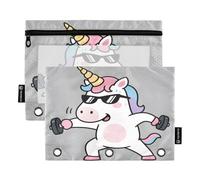 Mnsruu Fitness Unicorn - Estuche para lápices de 3 anillas, 2 estuches para lápices con cremallera, ventana transparente con cremallera para suministros de oficina, multicolor, Talla única