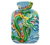 Mnsruu Green Dragon Chinese Art Botella de agua caliente con cubierta de terciopelo, bolsa de agua caliente transparente de 1 l para aliviar el dolor de manos calambres de terapia de frío caliente