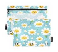 Mnsruu Happy Daisy - Estuche para lápices de 3 anillas, 2 estuches para lápices con cremallera, ventana transparente con cremallera para suministros de oficina, multicolor, Talla única, Organizador de