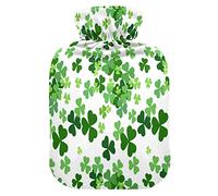 Mnsruu Happy St. Patrick's Day Shamrock Lucky Clover - Botella de agua caliente verde irlandés con cubierta de terciopelo, bolsa de agua caliente transparente de 2 l para la mano, calentador de pies, alivio del dolor, calambres de terapia de frío caliente